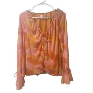 Floral Ruffle Top Womens Bell Sleeve Stretch Feminine Boho Cottage Office Work